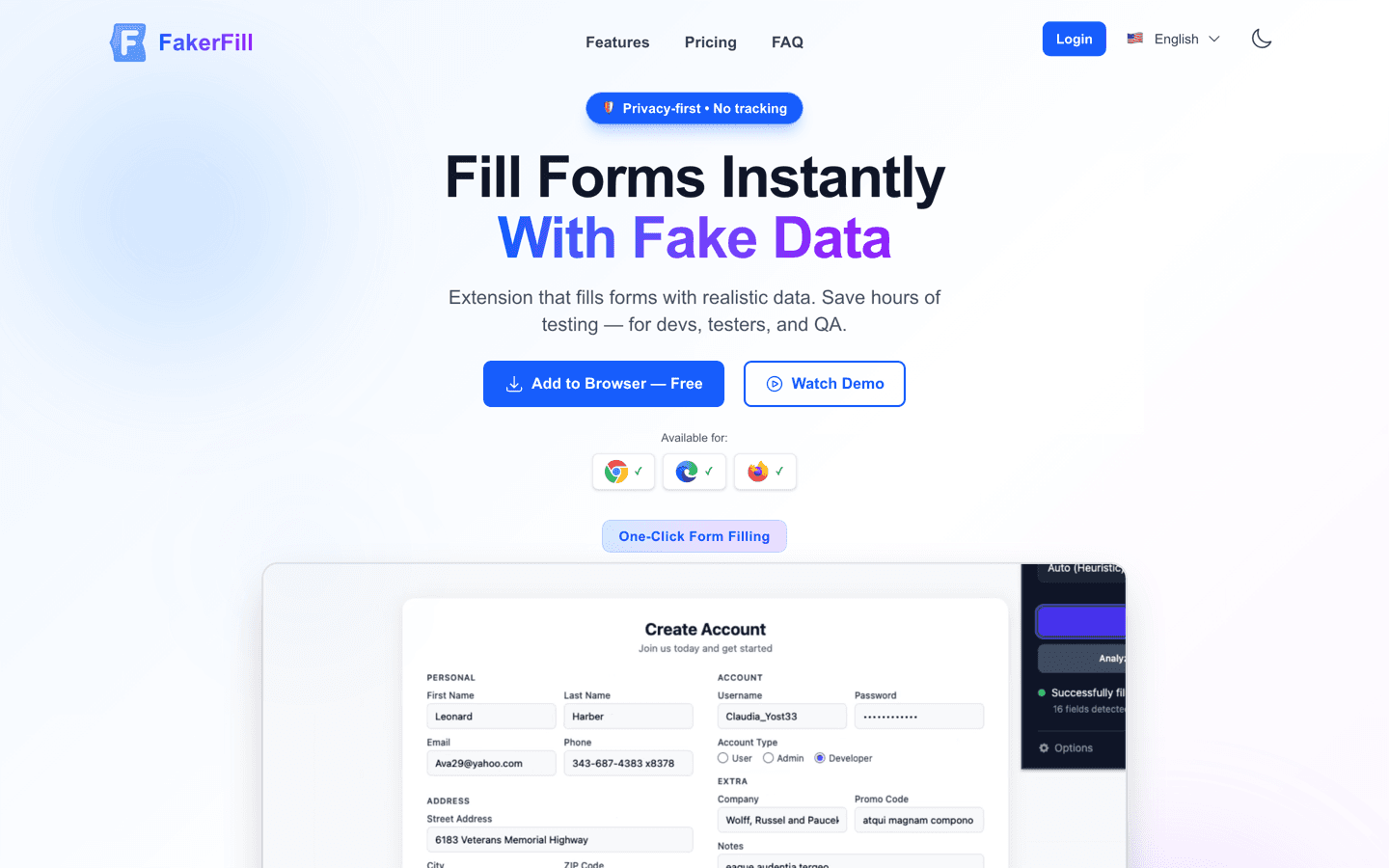FakerFill landing page — browser extension for automated form filling
